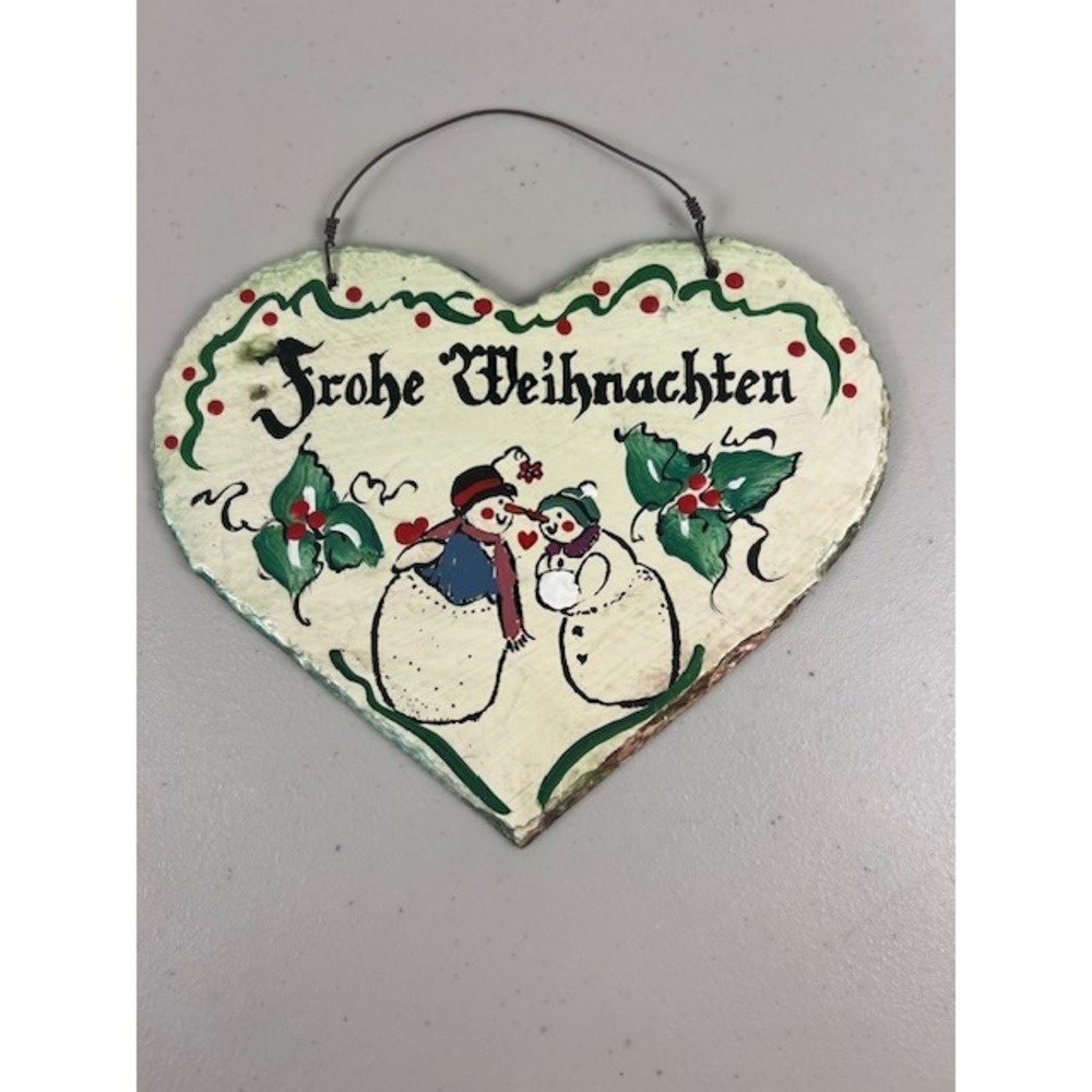German Frohe Weihnachten Hand Painted Slate Heart Snowman Christmas Wall Decor